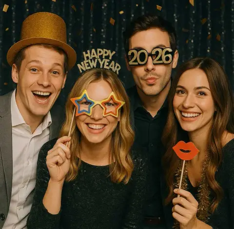 Impreza sylwestrowa z fotobudką — goście z gadżetami Happy New Year
